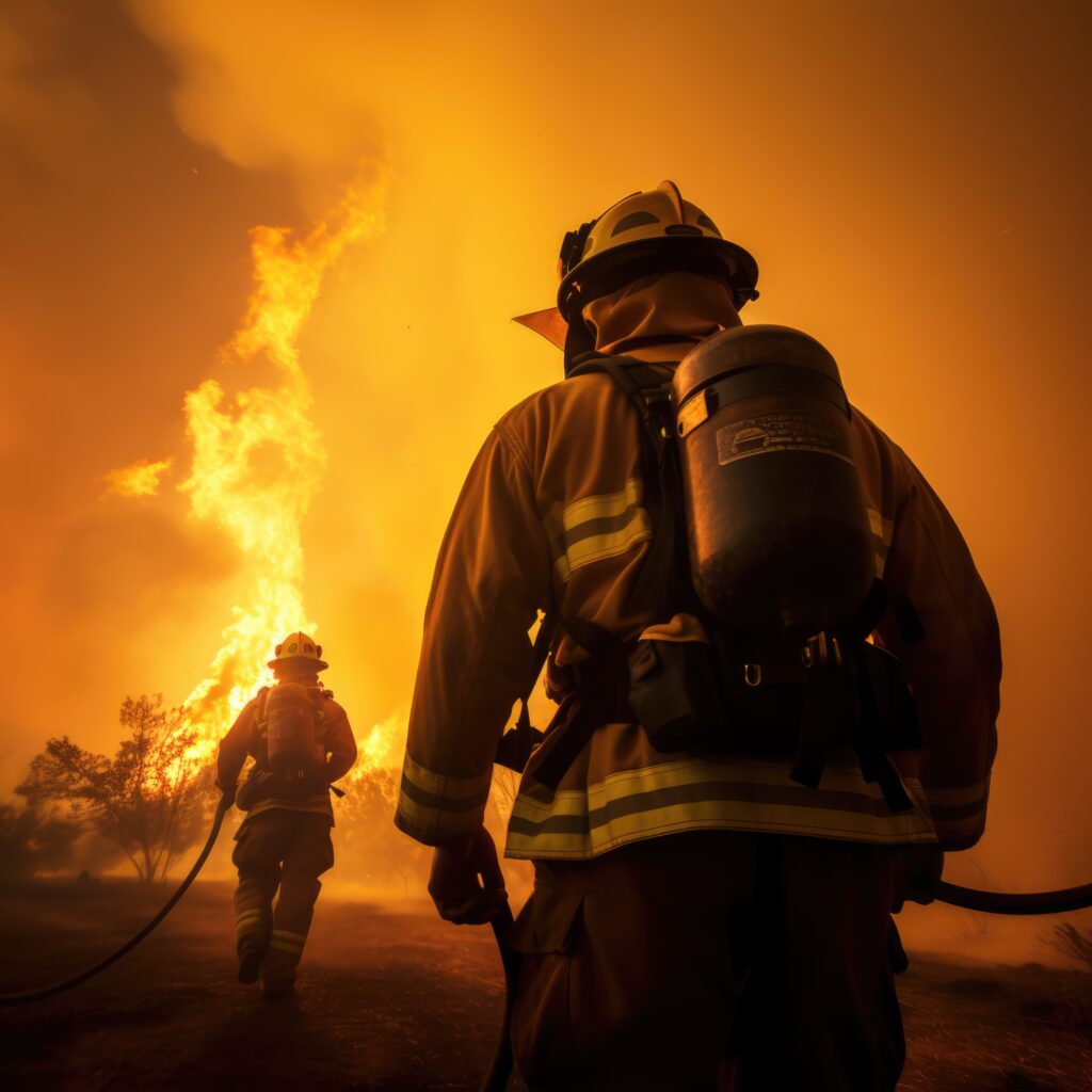 back view firefighters trying put out wildfire (1)